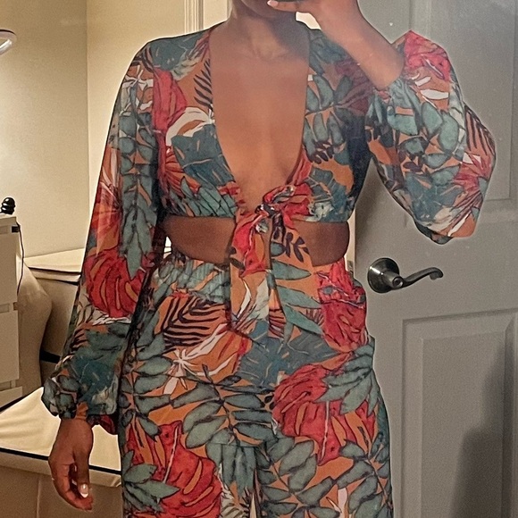 Orange Big Leaf Wide Leg Beach Top and Trousers size 6 - Picture 11 of 12